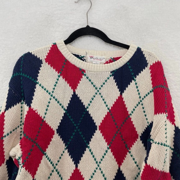 Parker of vienna Mens sweater size large Diamond pullover golf Red chunky knit - Picture 2 of 8